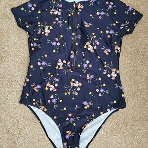 Shein Floral Blue Zip-Up Swimsuit